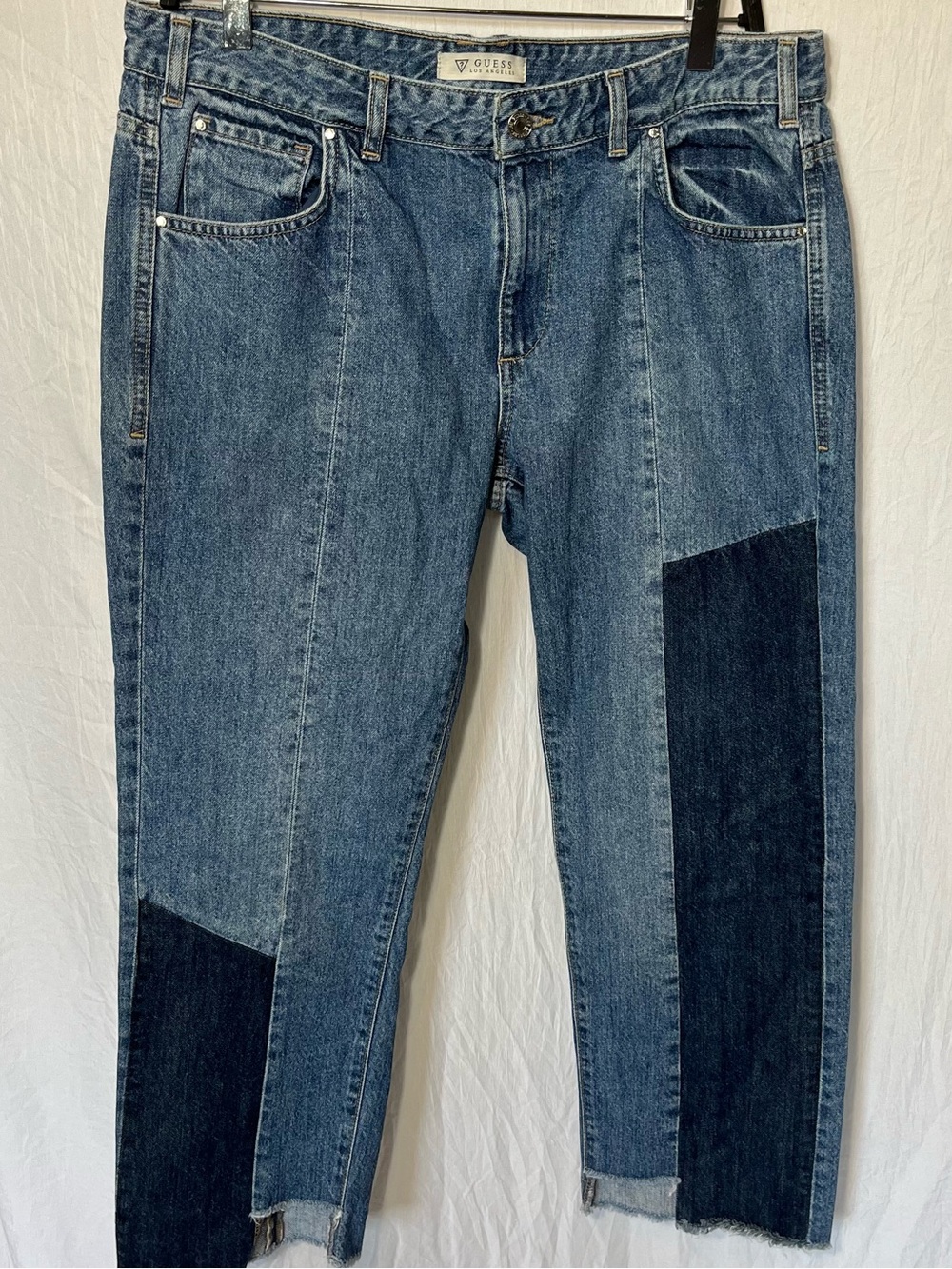 GUESS Colorblock Patchwork Cropped Straight Jeans Raw Asymmetric Hem Blue Sz 31